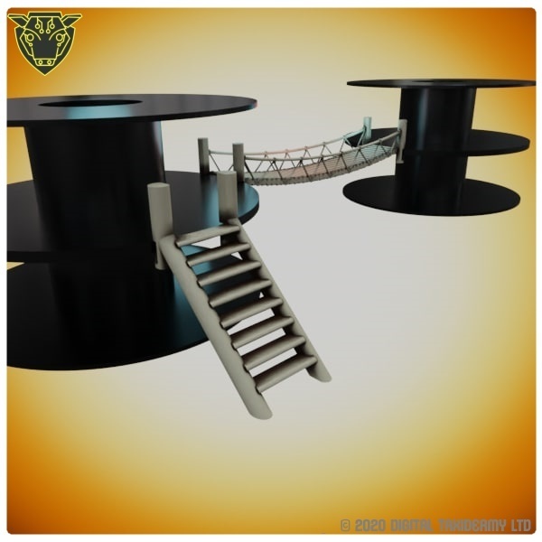 Fantasy Spool Tower: Wooden Bridge, Stairs and Ladder